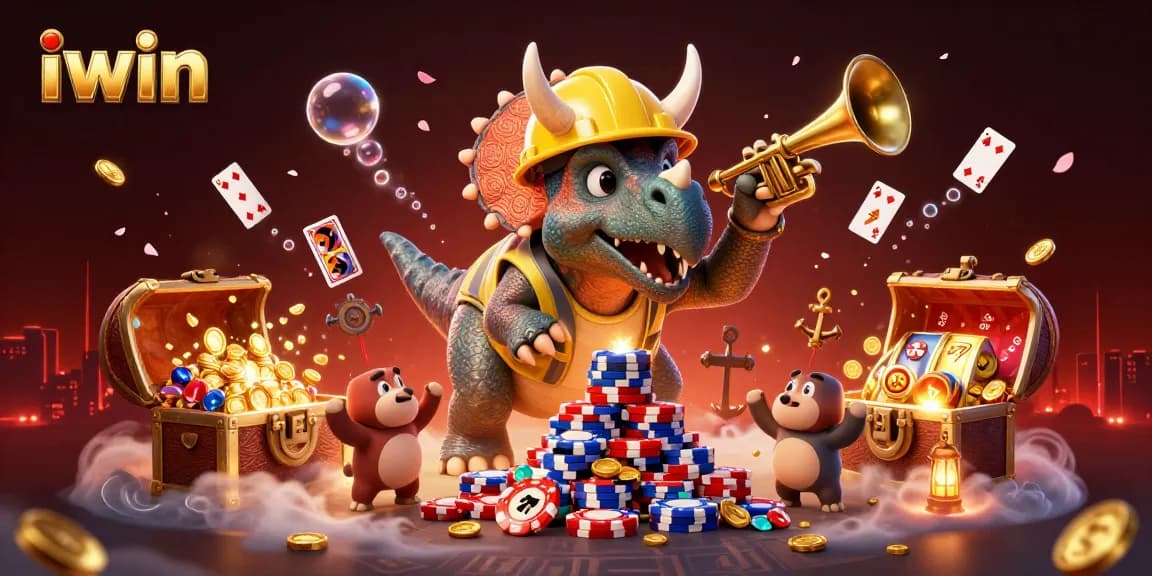 Join the iwin casino adventure with cartoon dinosaurs celebrating while playing vibrant games.