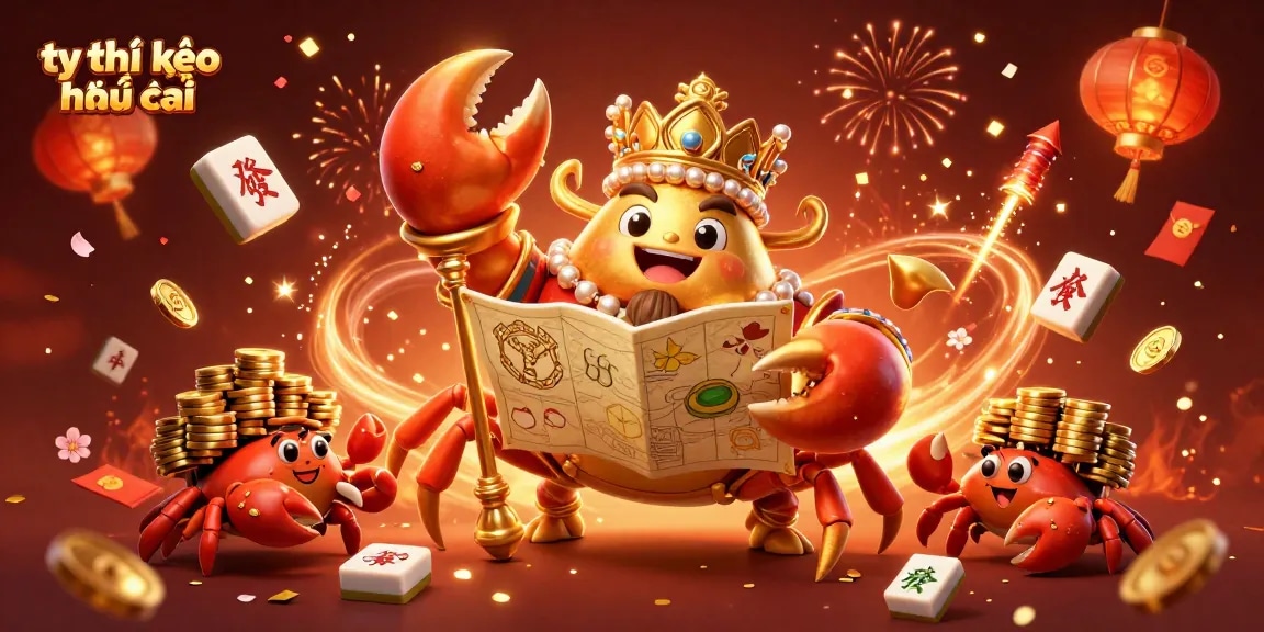 Engage with tỷ lệ kèo nhà cái through this vibrant 3D illustration filled with golden crab characters and festive gaming elements.