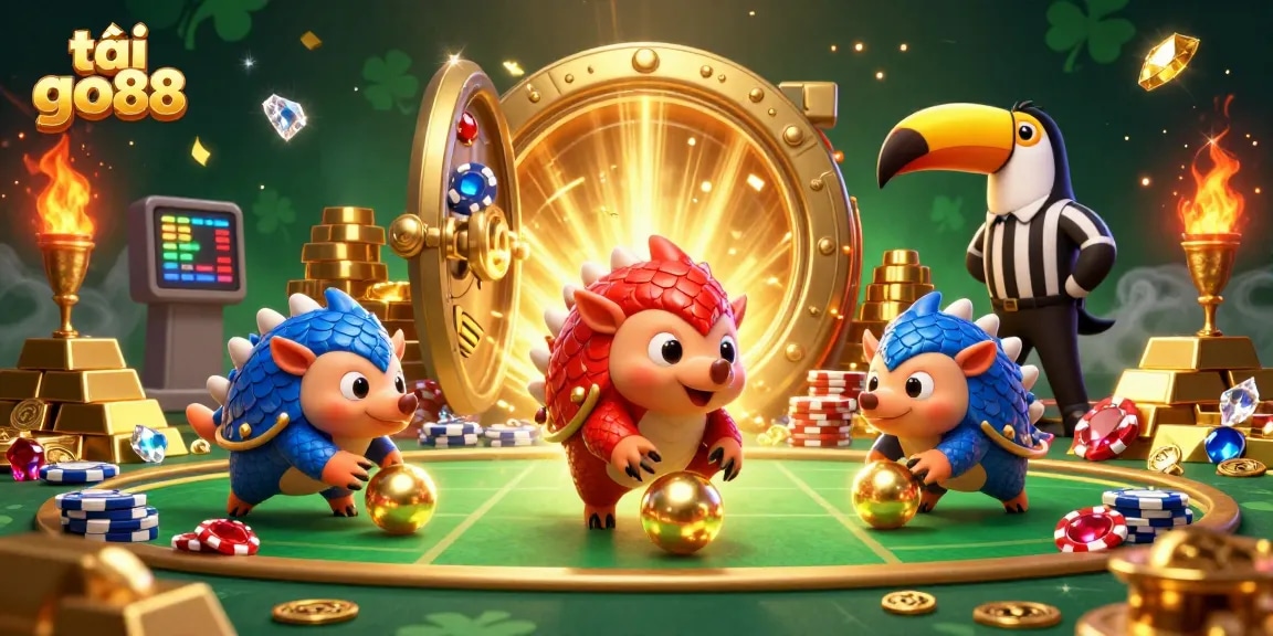 Experience the excitement of tải go88 as rival pangolins bowl through poker chips in a vibrant casino scene.