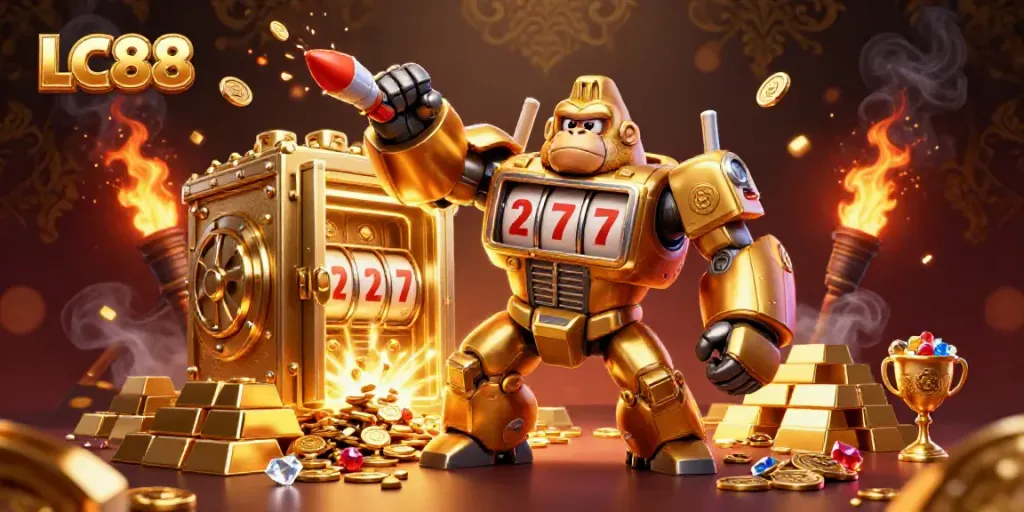 Experience thrilling wins with LC88's vibrant slot-inspired 3D art featuring a mechanized gorilla.