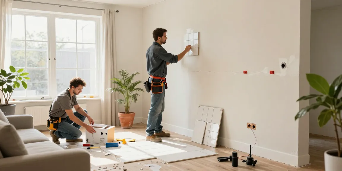 home repair services Des Moines Iowa showcased in a bright living room transformation with contractors at work.