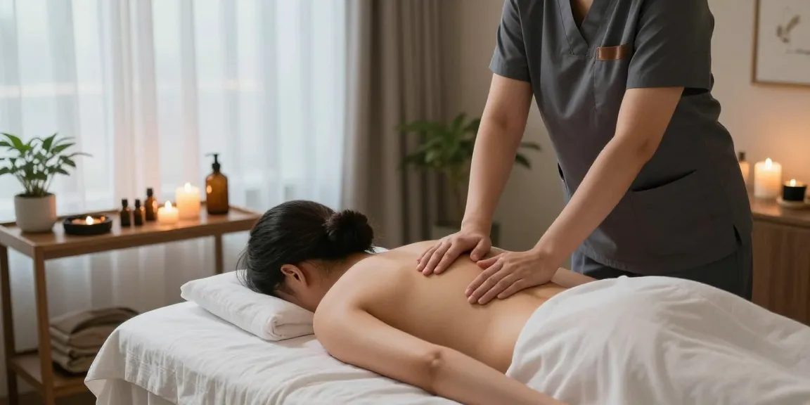 Skilled 용산출장마사지 therapist providing a soothing massage in a serene therapy room with calming elements.