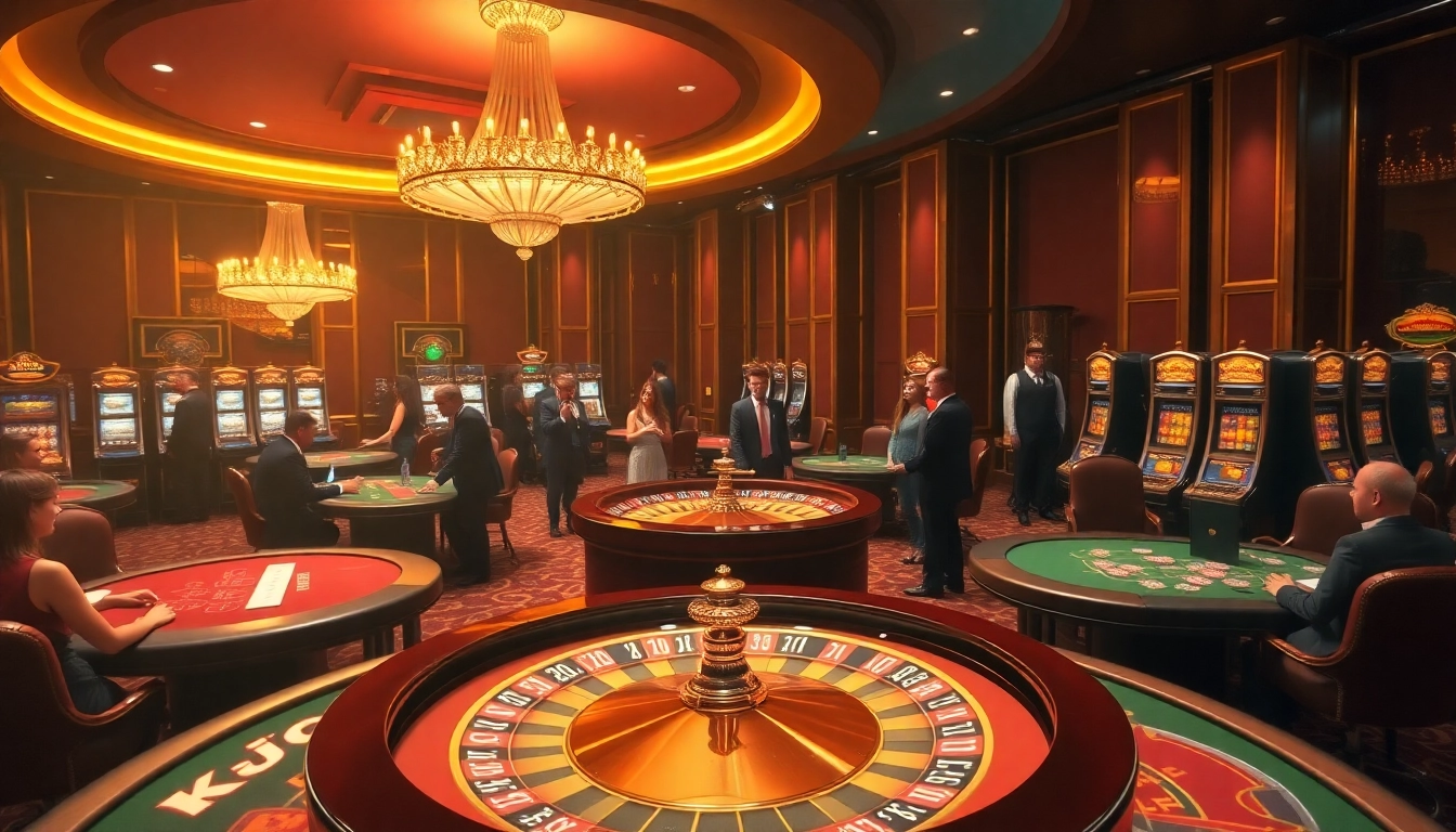KJC players engaging at a luxurious casino featuring a vibrant roulette wheel and poker tables.
