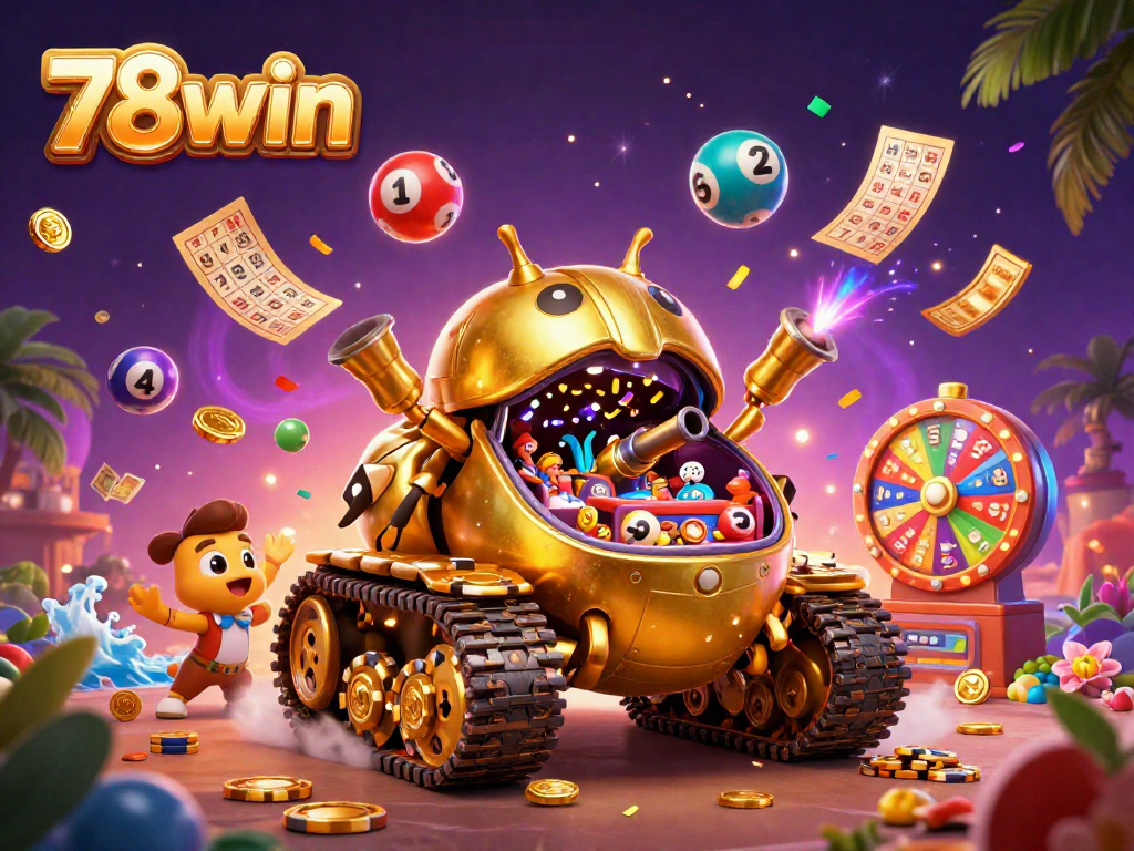 Experience the excitement of 78win with this vibrant casino-themed illustration filled with games and prizes.