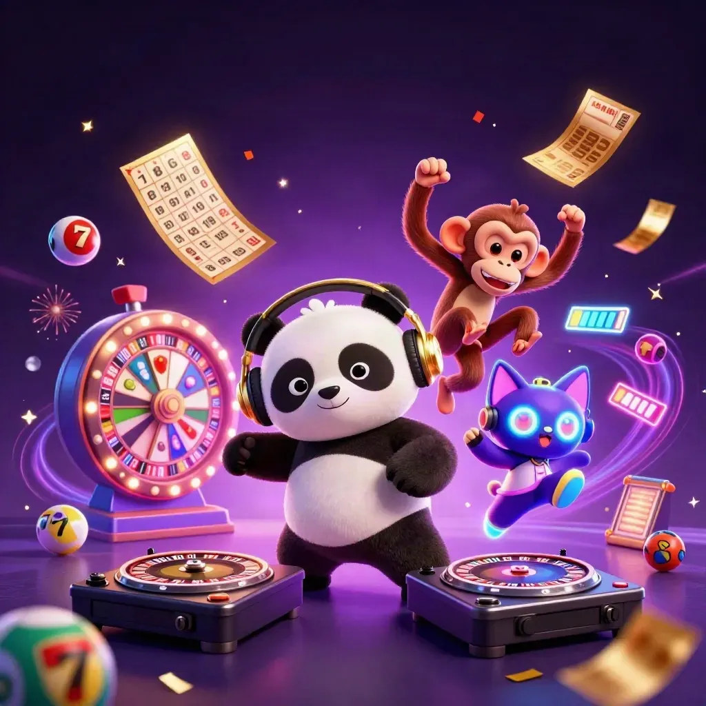 DJ panda, monkey, and glow-stick kitten in a neon casino splash scene with fireworks and roulette wheels.
