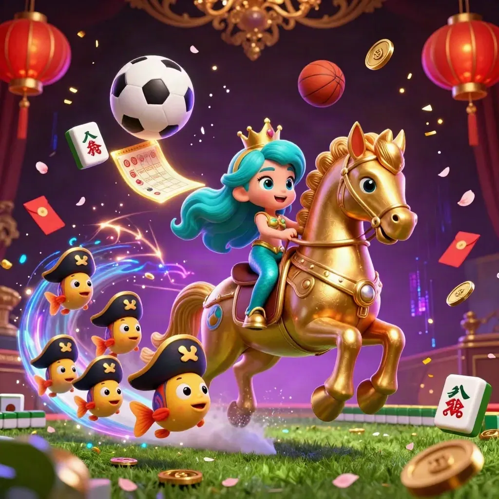 Mermaid princess on armored seahorse amid sports balls, casino tokens, neon effects, and dark luxe glow.