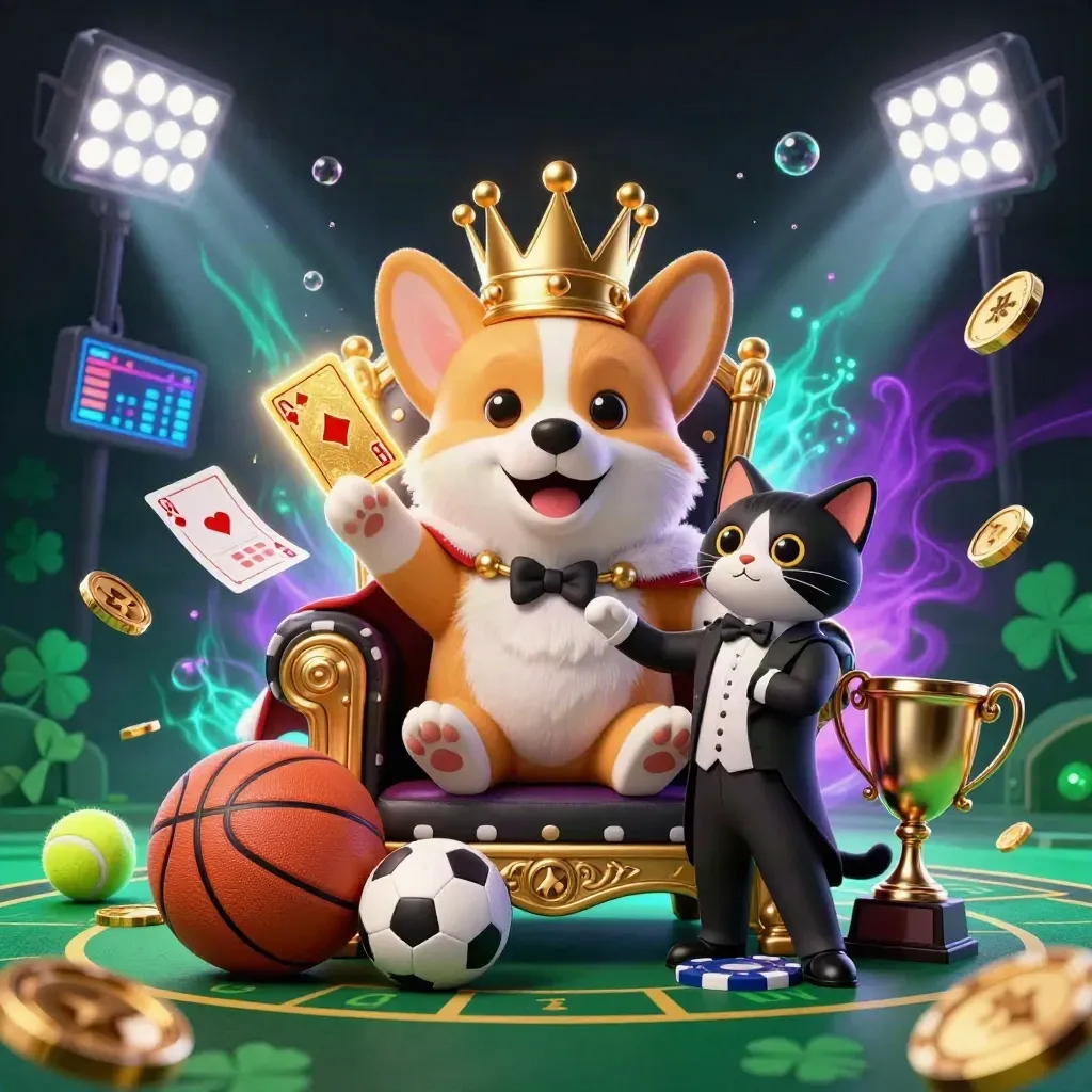 Crowned corgi and cat butler on poker-chip throne amid flying sports balls and neon casino lights