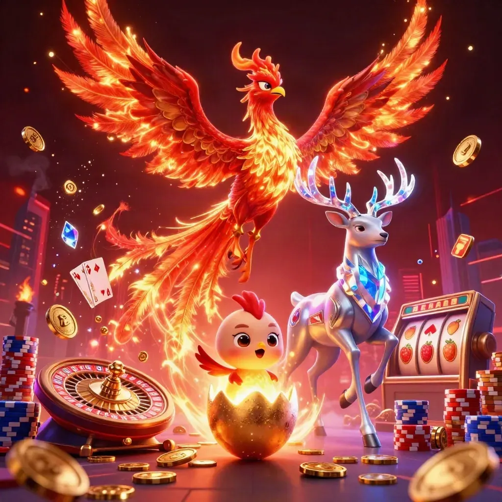 Phoenix, baby phoenix, and crystal stag amid coins, gems, reels, and neon casino light.