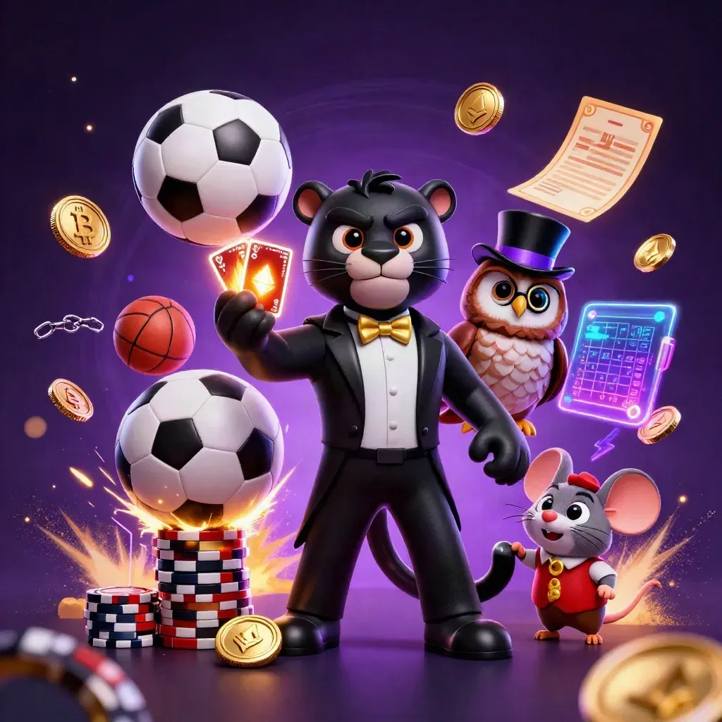 Panther, owl and mouse amid neon chips, sports balls, and casino energy in purple-black light.