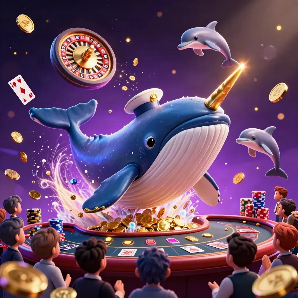Whale captain, narwhal, and dolphins amid casino coins, gems, chips, and neon purple light.