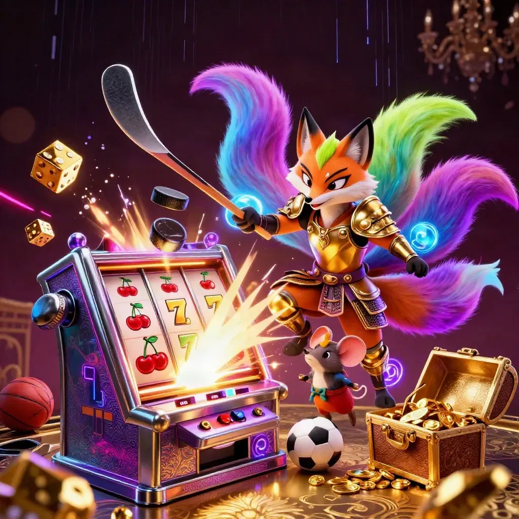 Neon fox spirit and armored mouse amid exploding slot machine, gold dice, and casino glow.