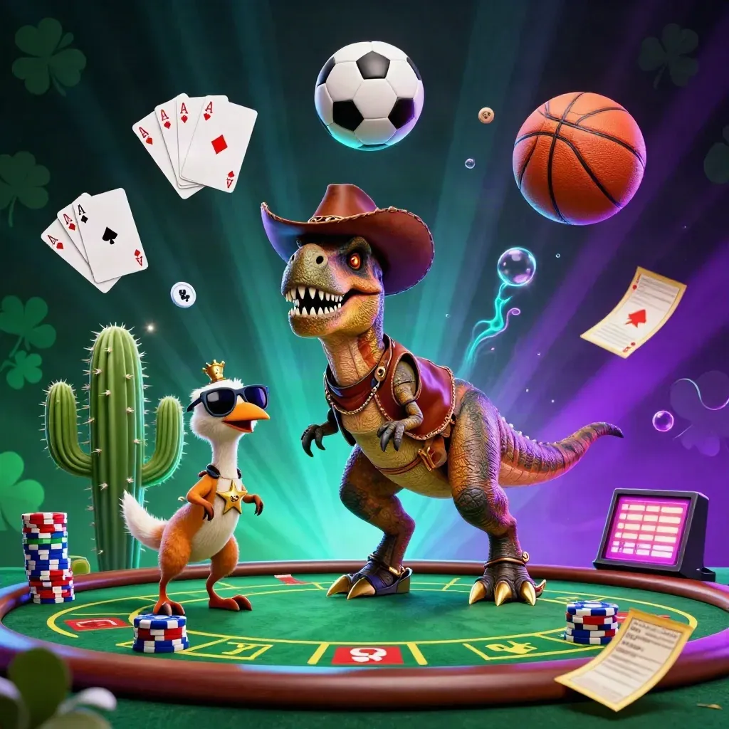 Cowboy T-Rex, cactus, and roadrunner amid casino chips, balls, and neon sci-fi glow.