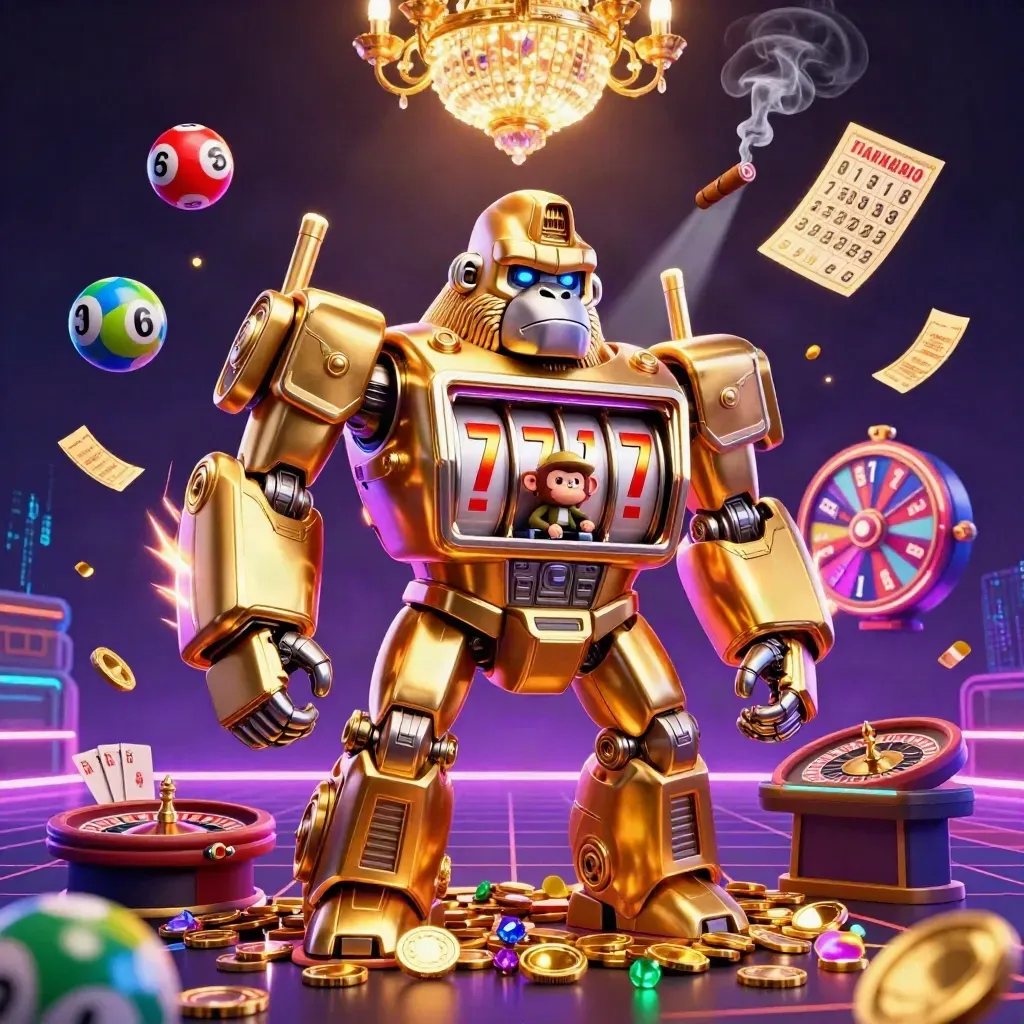 Golden gorilla slot-mech with tiny monkey pilot amid neon casino effects and floating game props