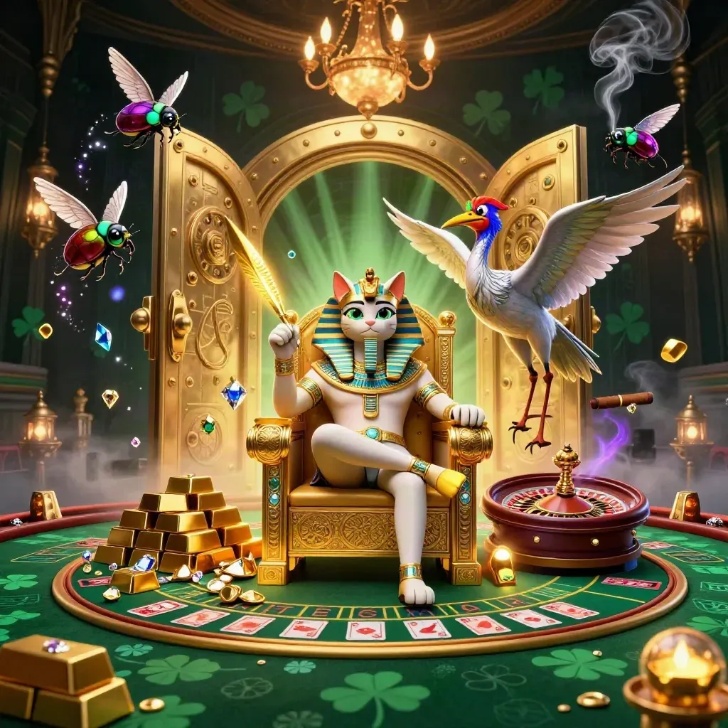 Pharaoh cat, ibis scribe, and scarab wings amid vault gold, roulette spin, and neon casino glow.