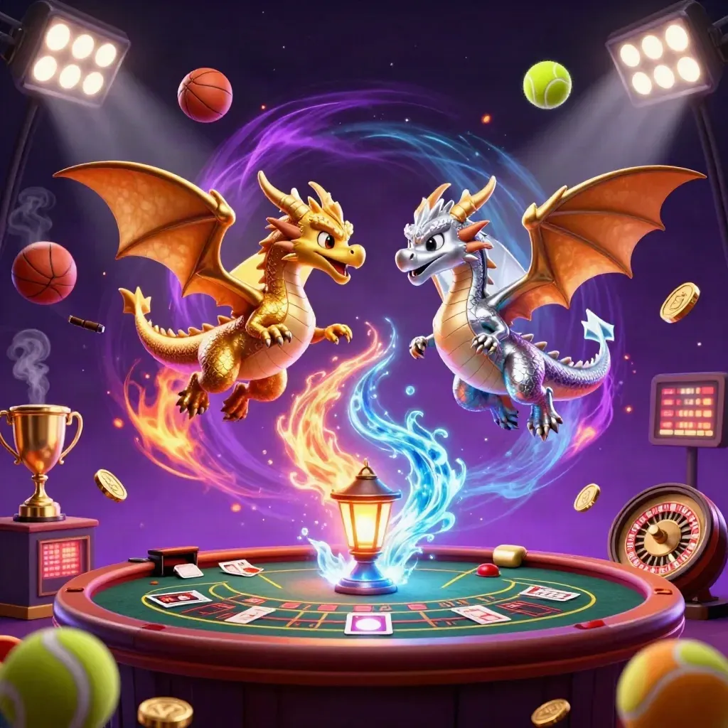 Twin gold and silver dragons over a neon casino room with roulette, coins, and a tiny lantern spirit.