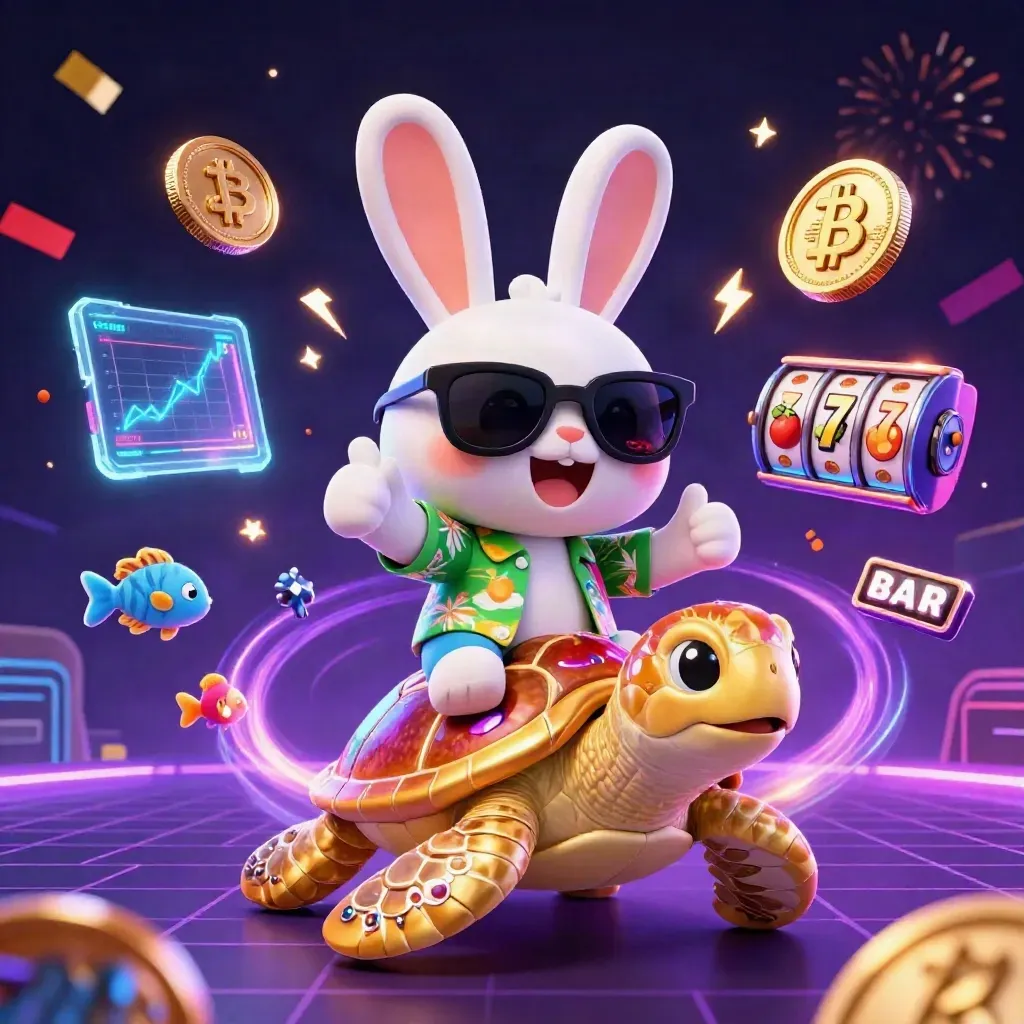 Rabbit on a jeweled sea turtle amid neon coins, fish, sparks, and casino energy.