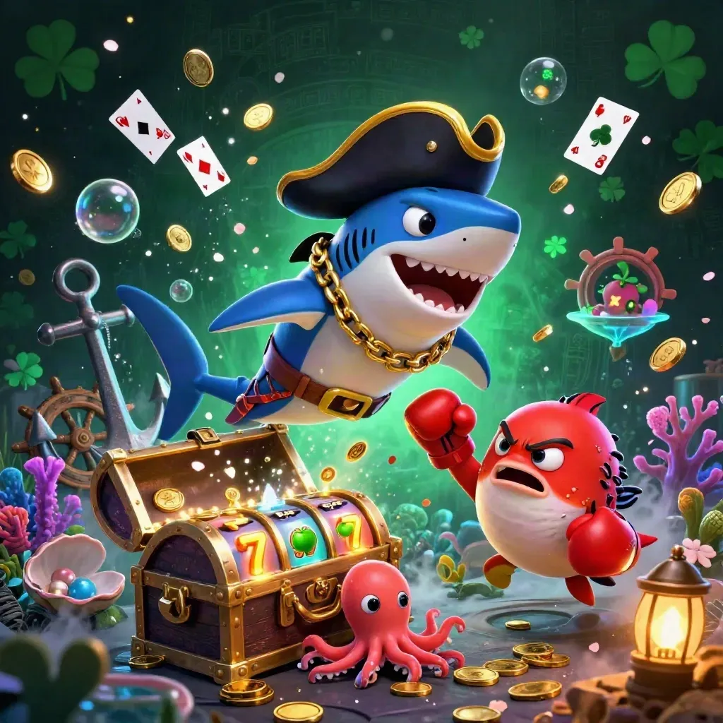 Cartoon pirate shark, boxing pufferfish, and coin-juggling octopus amid treasure and neon reels.