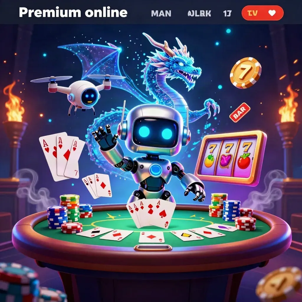 Cyberpunk robot, holographic dragon and coin drone amid poker chips, cards and neon slot effects.