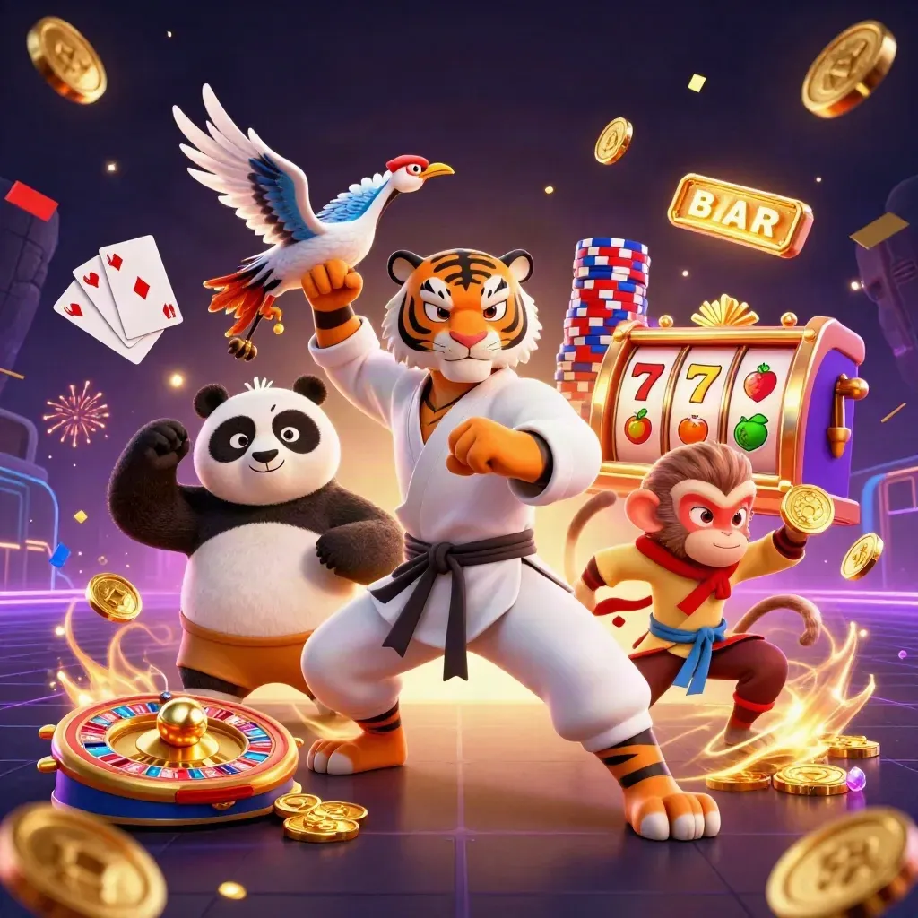 Kung-fu tiger, panda, and monkey amid gold coins, gems, neon casino effects.