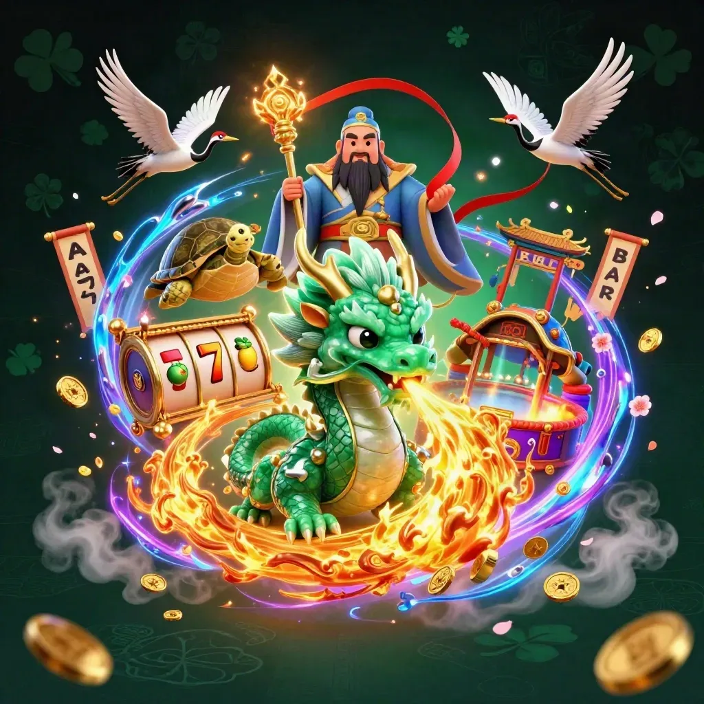 Jade dragon, turtle sage, and cranes burst through a neon casino temple scene.