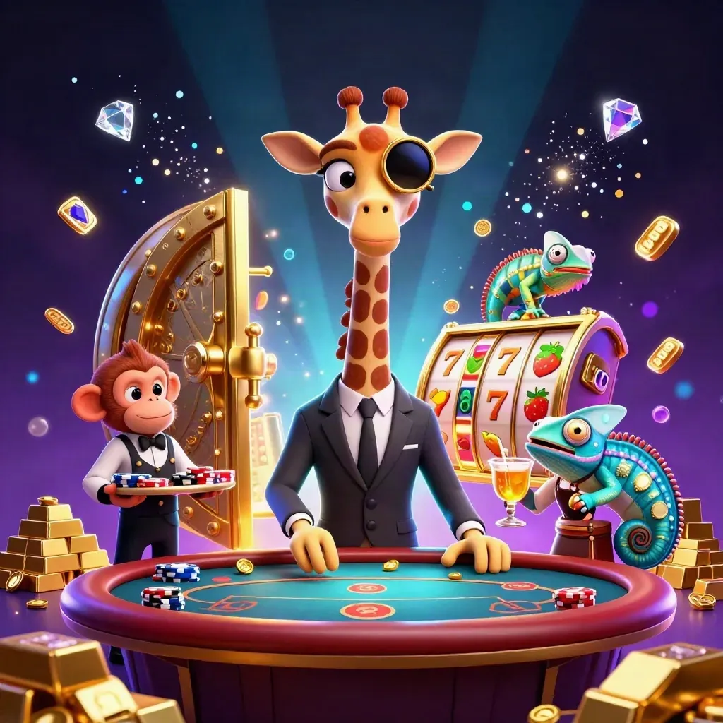 Giraffe, monkey valet, and chameleon bartender amid a vault burst of gold, gems, and neon glow.
