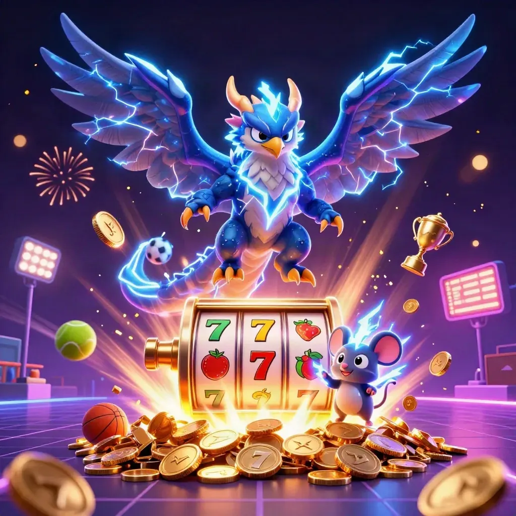 Thunder dragon, wind hawk, and static mouse amid coins, reels, fireworks, and neon casino lights.