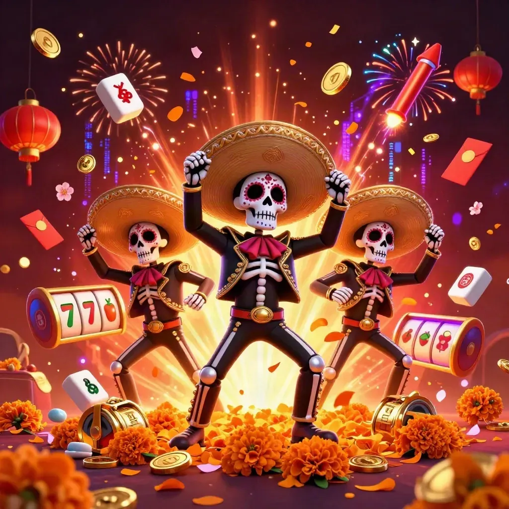 Skeleton mariachi trio amid coins, fireworks, lanterns, and neon casino treasure burst.