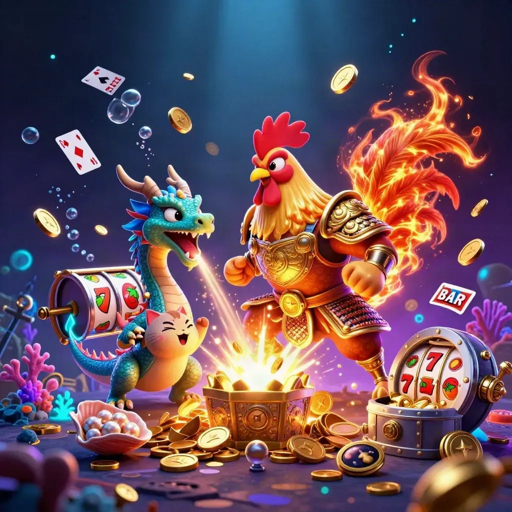 Rooster warrior, dragon hatchling, and fortune cat amid exploding coins and underwater casino treasure.
