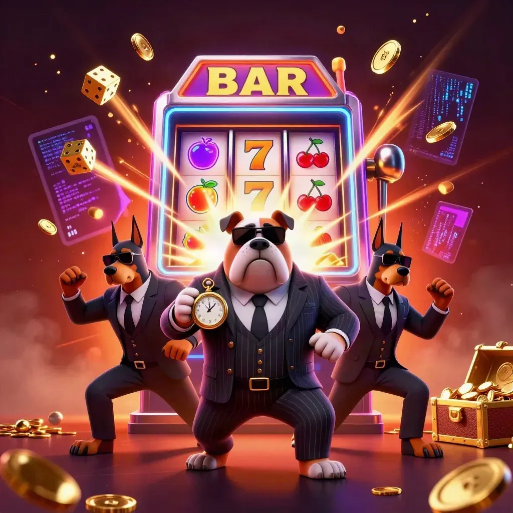 Bulldog boss and Doberman guards amid bursting slots, coins, dice, treasure, and neon casino energy.
