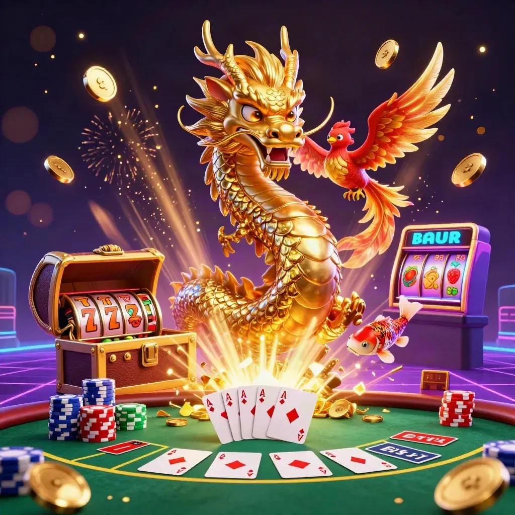 Golden dragon and phoenix bursting from a chest amid coins, poker chips, reels and fireworks.