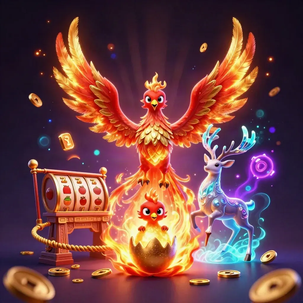 Phoenix, hatching chick, and crystal stag amid neon casino relics in a dark sci-fi glow