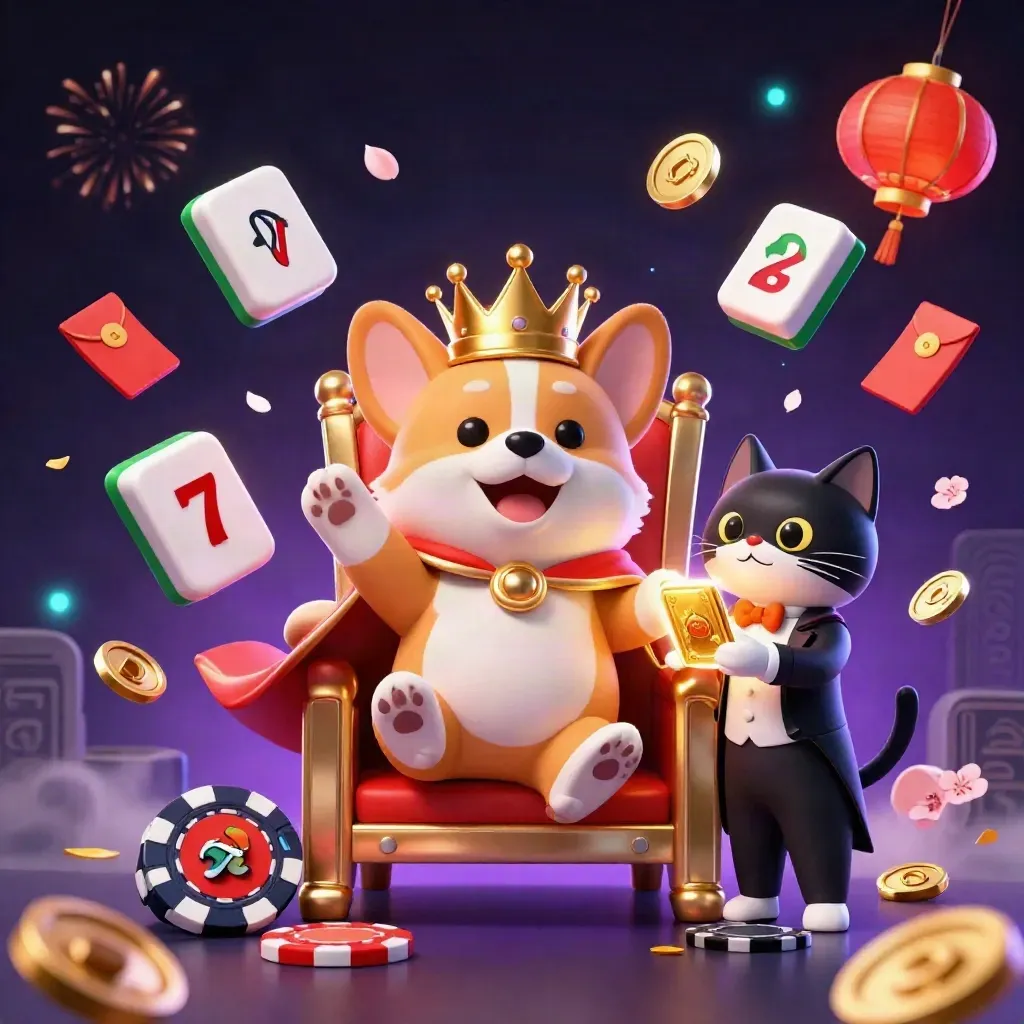 Royal corgi and cat butler amid casino chips, lanterns, coins, petals, and glowing slot effects