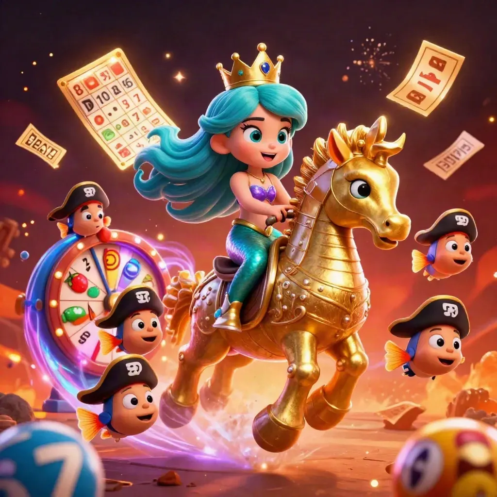 Mermaid princess on armored seahorse with pirate fish, casino symbols, and glowing embers.
