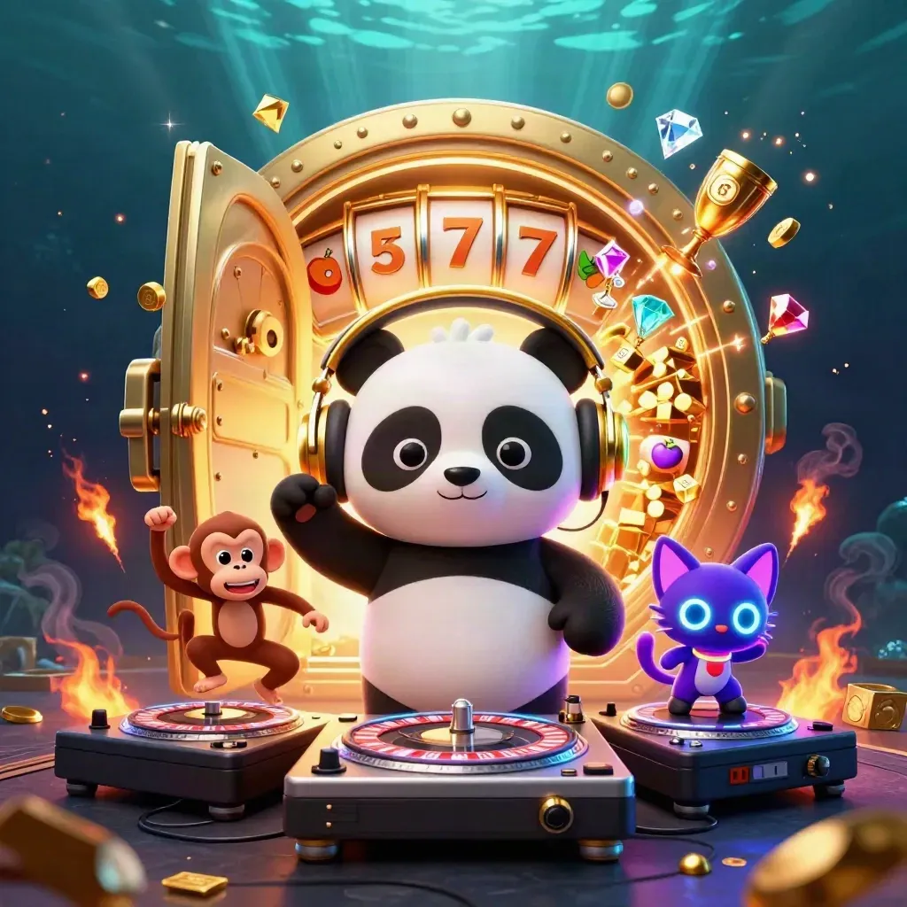 DJ panda, monkey, and glow-stick kitten burst from a golden vault in neon casino style.
