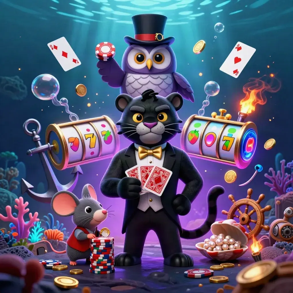 Panther, owl and mouse casino heroes in a glowing underwater treasure cove with reels and coins