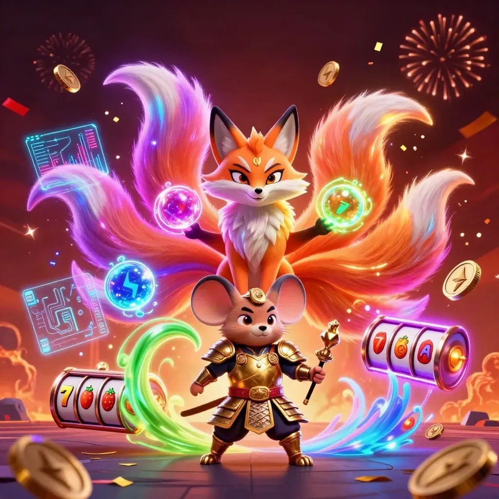 Nine-tailed fox spirit and golden samurai mouse amid neon coins, reels, lightning, and embers.