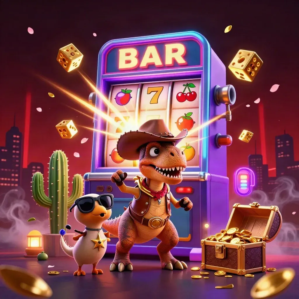 Cowboy T-rex, cactus sidekick, and roadrunner amid a bursting slot machine and gold coins.