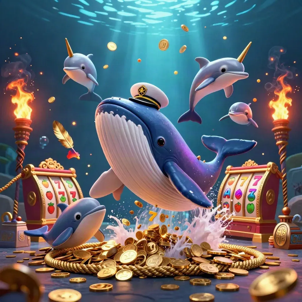 Whale captain, narwhal, and dolphins burst through coins with neon casino energy.