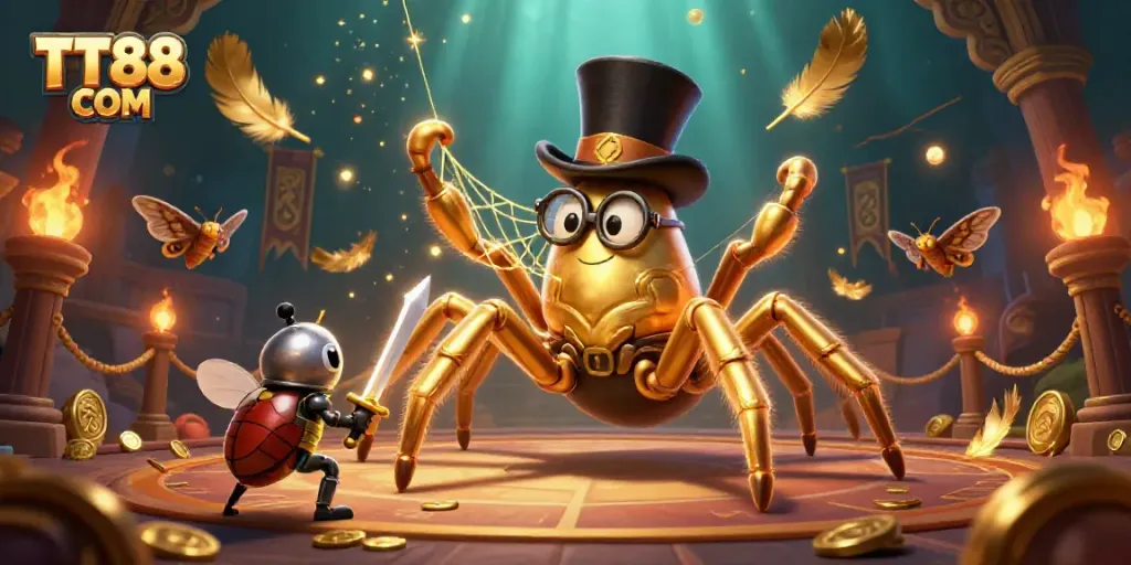 Join the adventure at TT88 COM with a colorful, engaging illustration of a golden tarantula weaving in a vibrant casino setting.