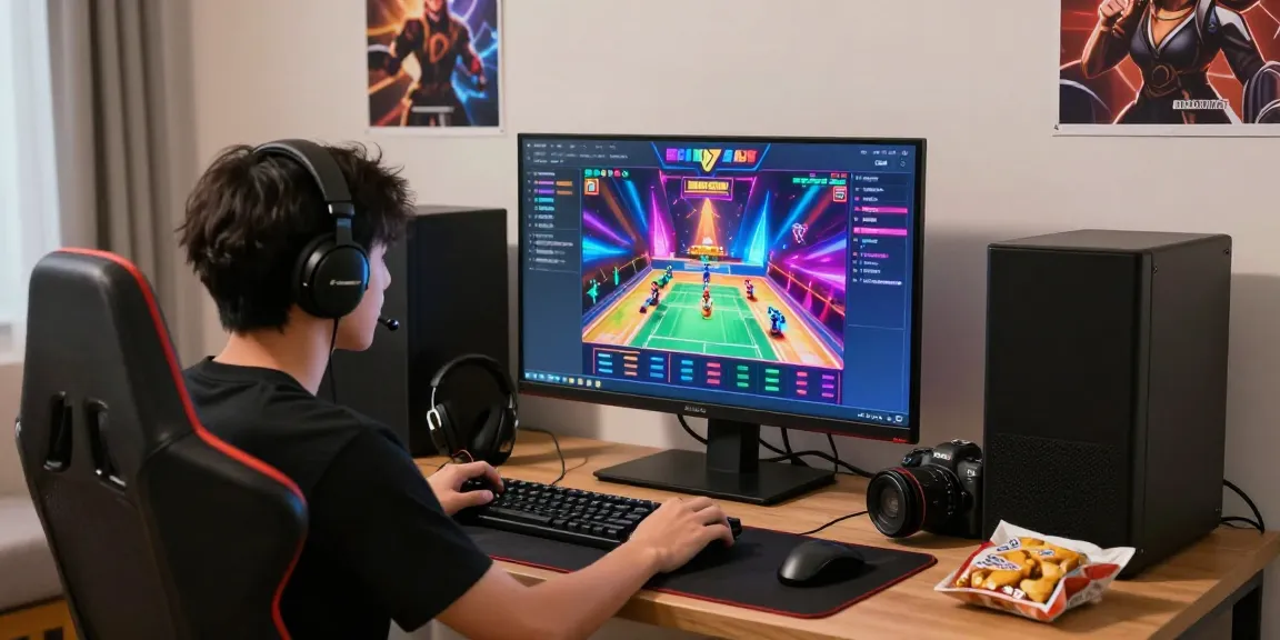 Engaged player at home enjoying online casino games with vibrant graphics at their setup.