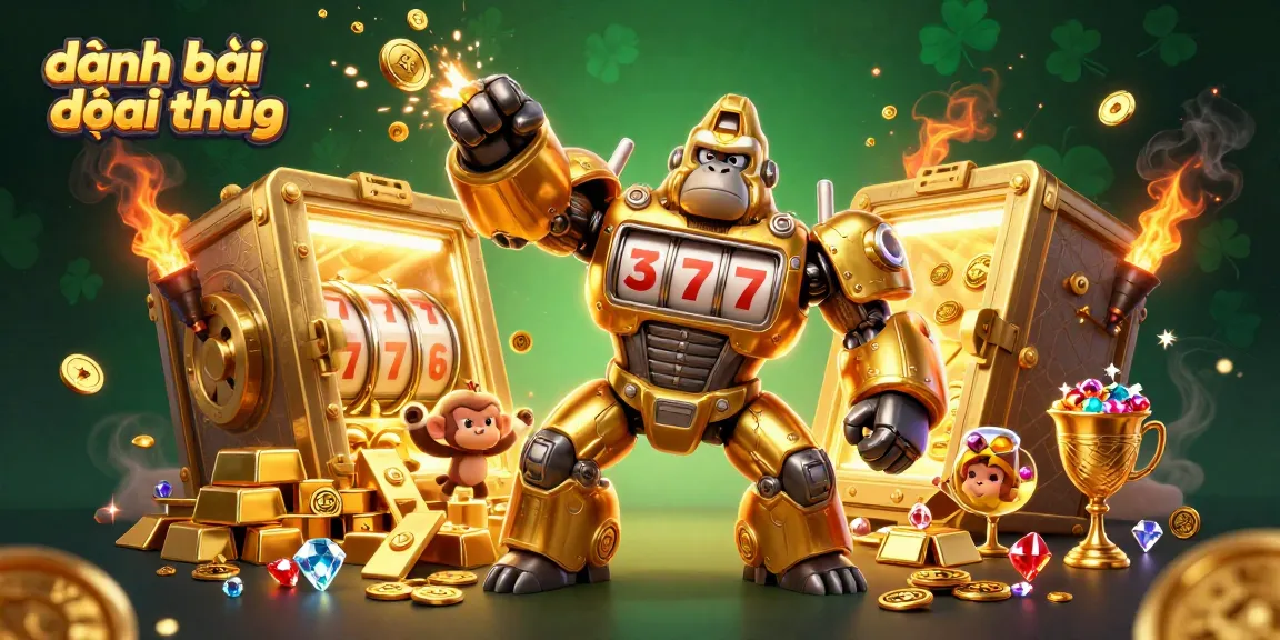 Win big with đánh bài đổi thưởng in an epic 3D scene featuring a golden mech and treasure!