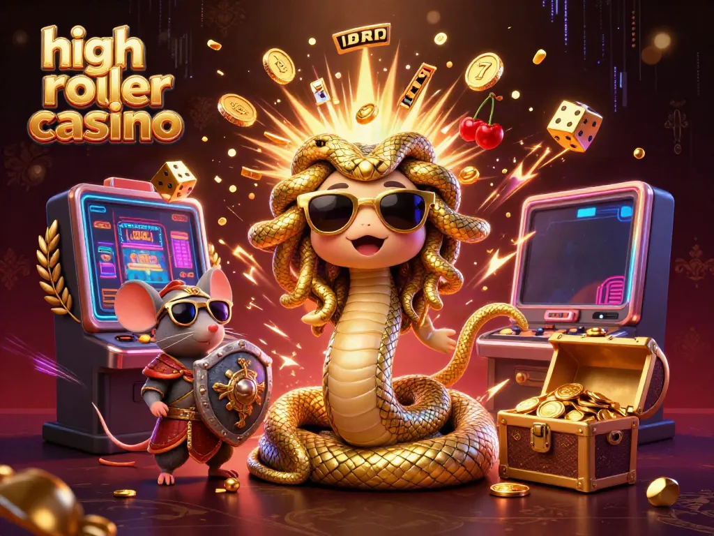 Engaging scene at a high roller casino featuring Medusa and a warrior mouse amidst slot machine jackpots.