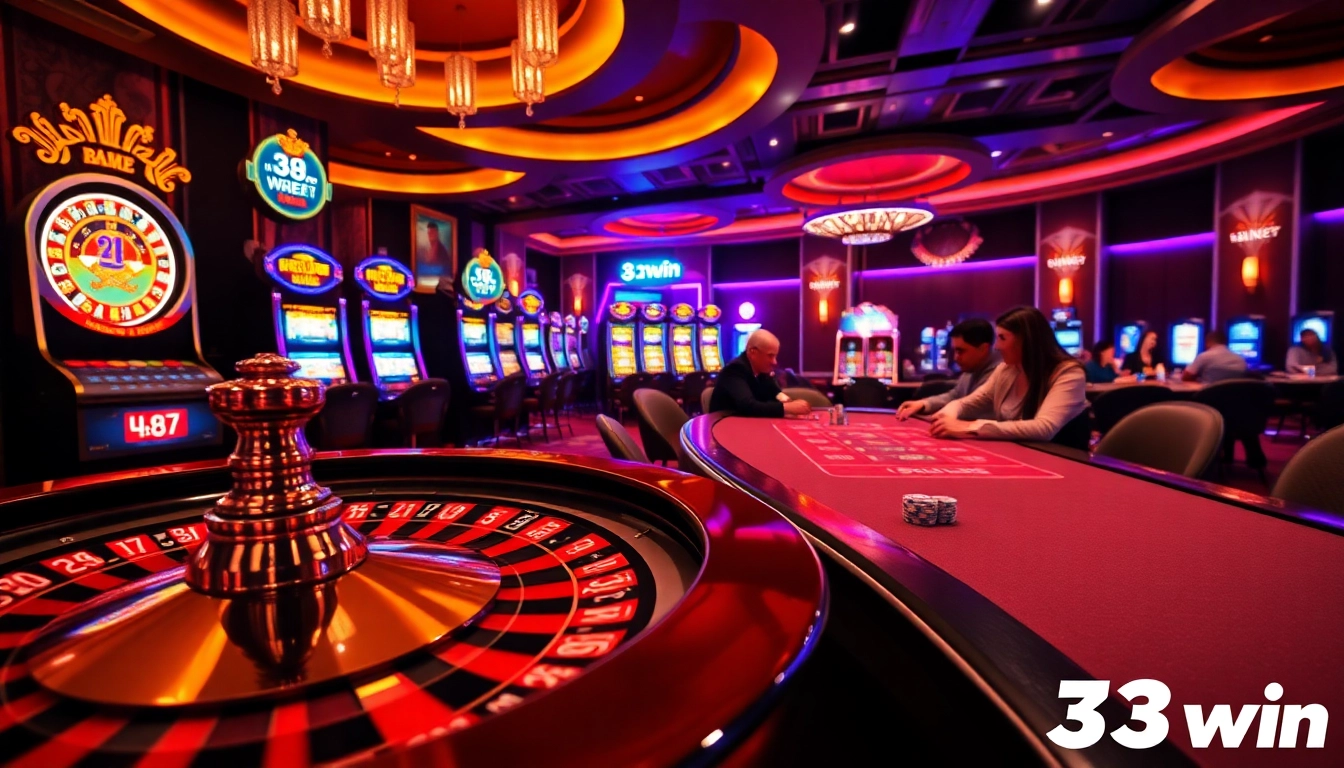 Exciting gaming atmosphere at 33win featuring roulette, poker, and vibrant slot machines.