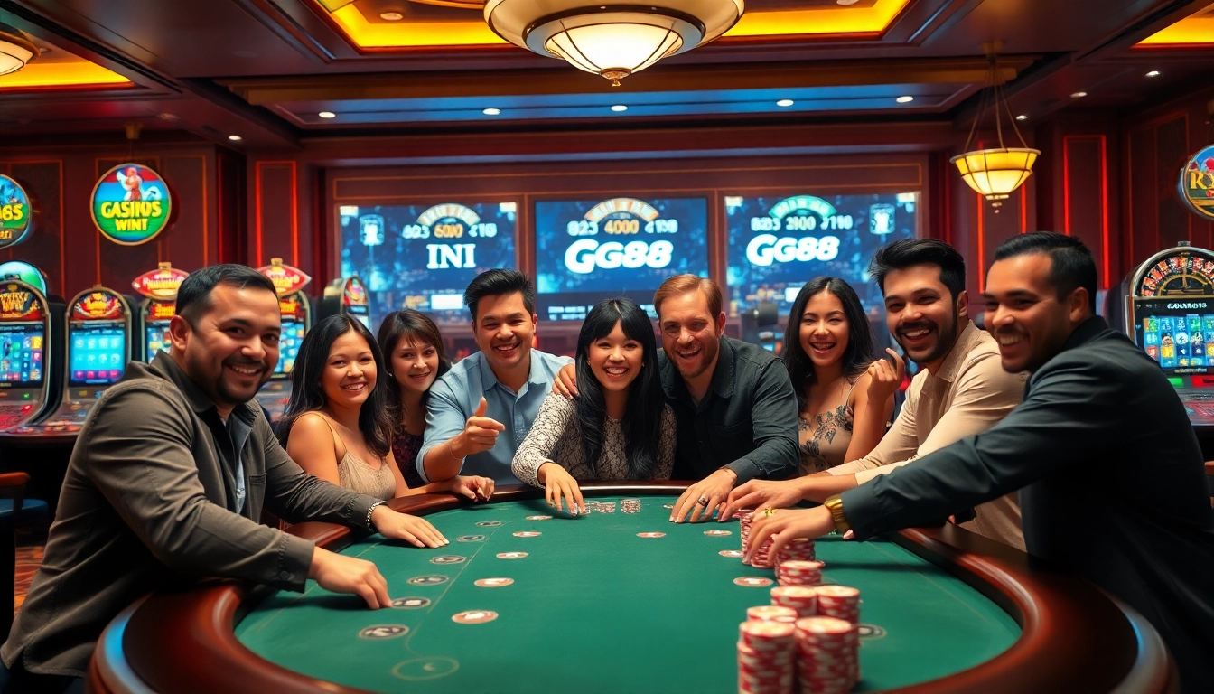 Players enjoying a thrilling GG88 poker game at a luxury casino table.