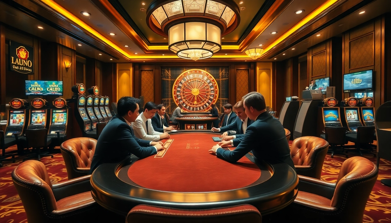 Engaging players at the Nhà cái S8 poker table in a luxurious casino setting.