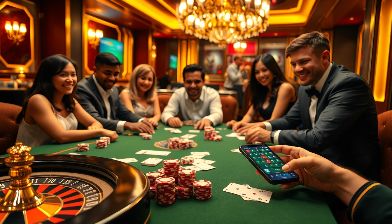 Players enjoying a thrilling poker game at the 69VN casino, showcasing vibrant chips and cards.