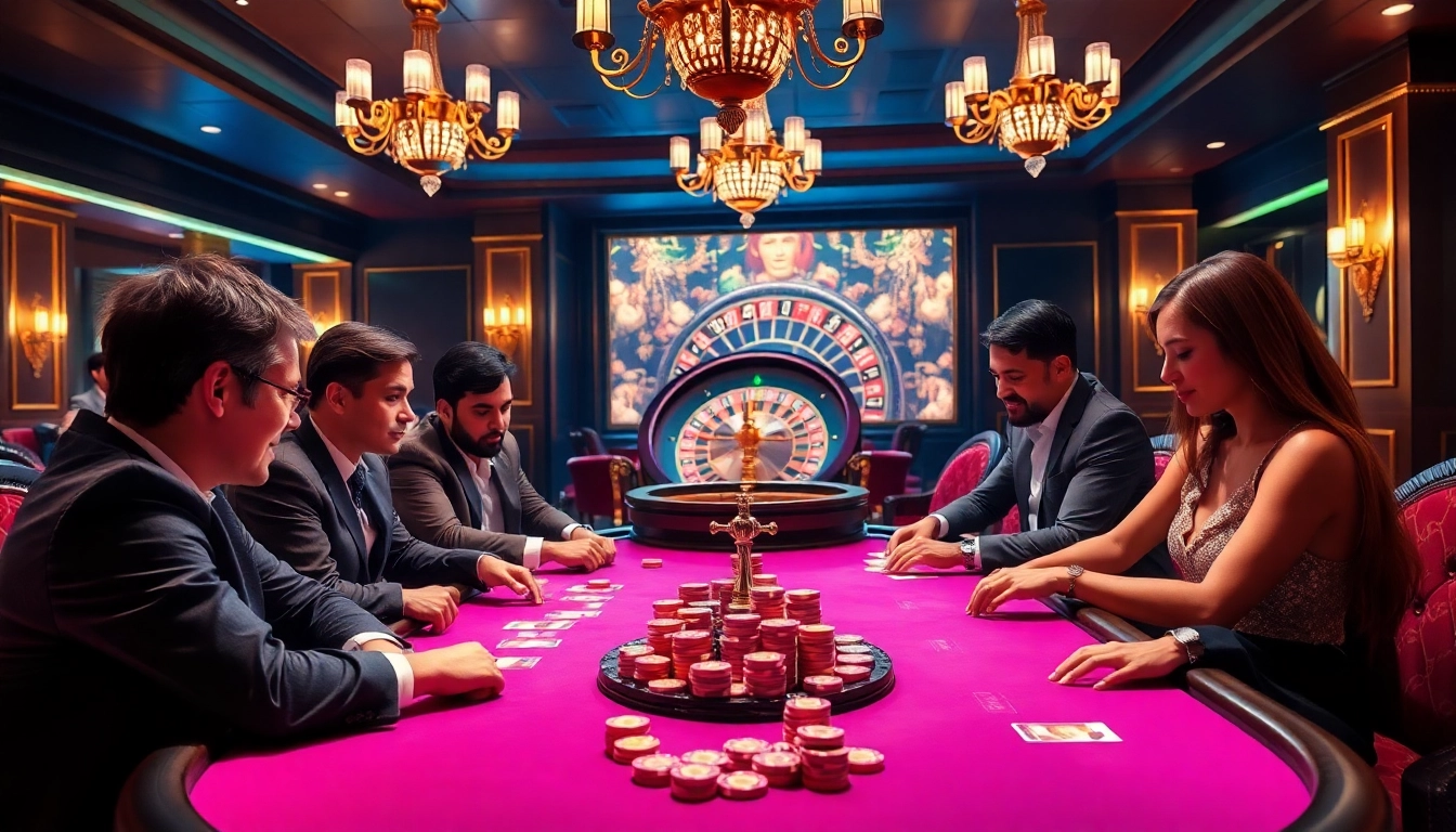 Players enjoying a thrilling game at NK88 casino, showcasing excitement and luxury with poker chips and cards.