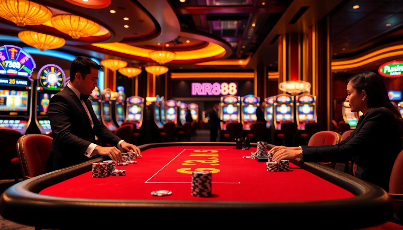 Experience the thrill of gambling with Nhà Cái RR88 at a luxurious casino table surrounded by vibrant poker chips and colorful cards.