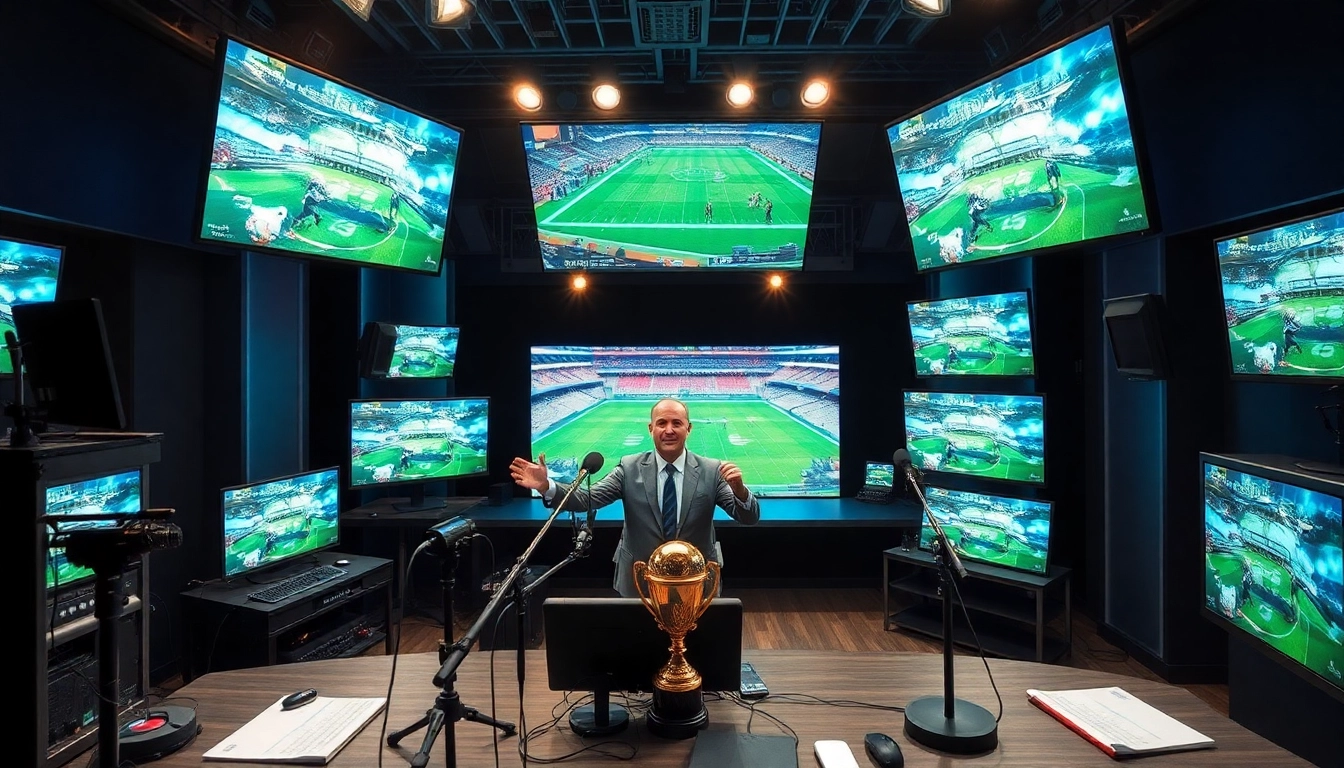 Engaging sports broadcasting studio highlighting dynamic presenters and game displays.