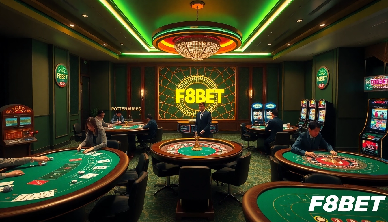 Experience the excitement of F8BET with luxury casino tables and vibrant gaming atmosphere.